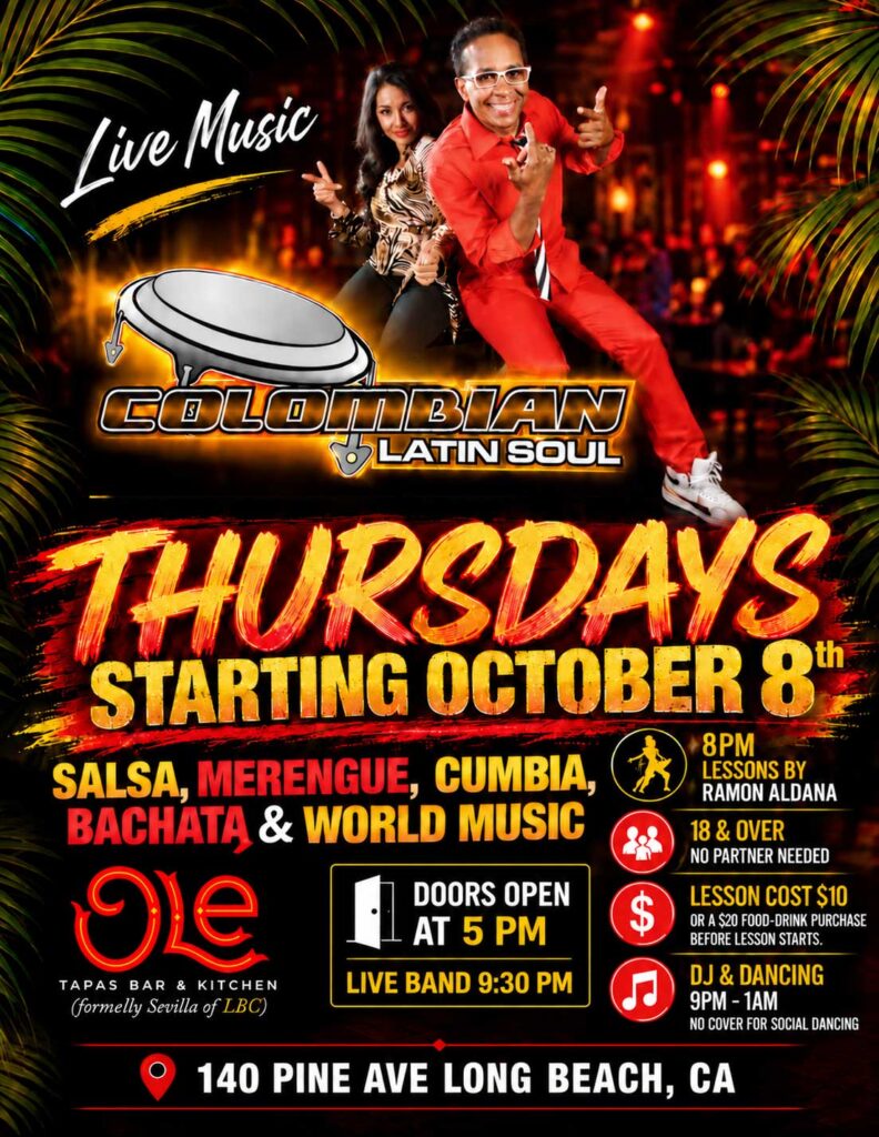 Live music Thursdays at Olé! Colombian Latin Soul starts October 8th at 9:30 PM. Salsa, merengue, cumbia, bachata & world music. No cover for social dancing. 18+